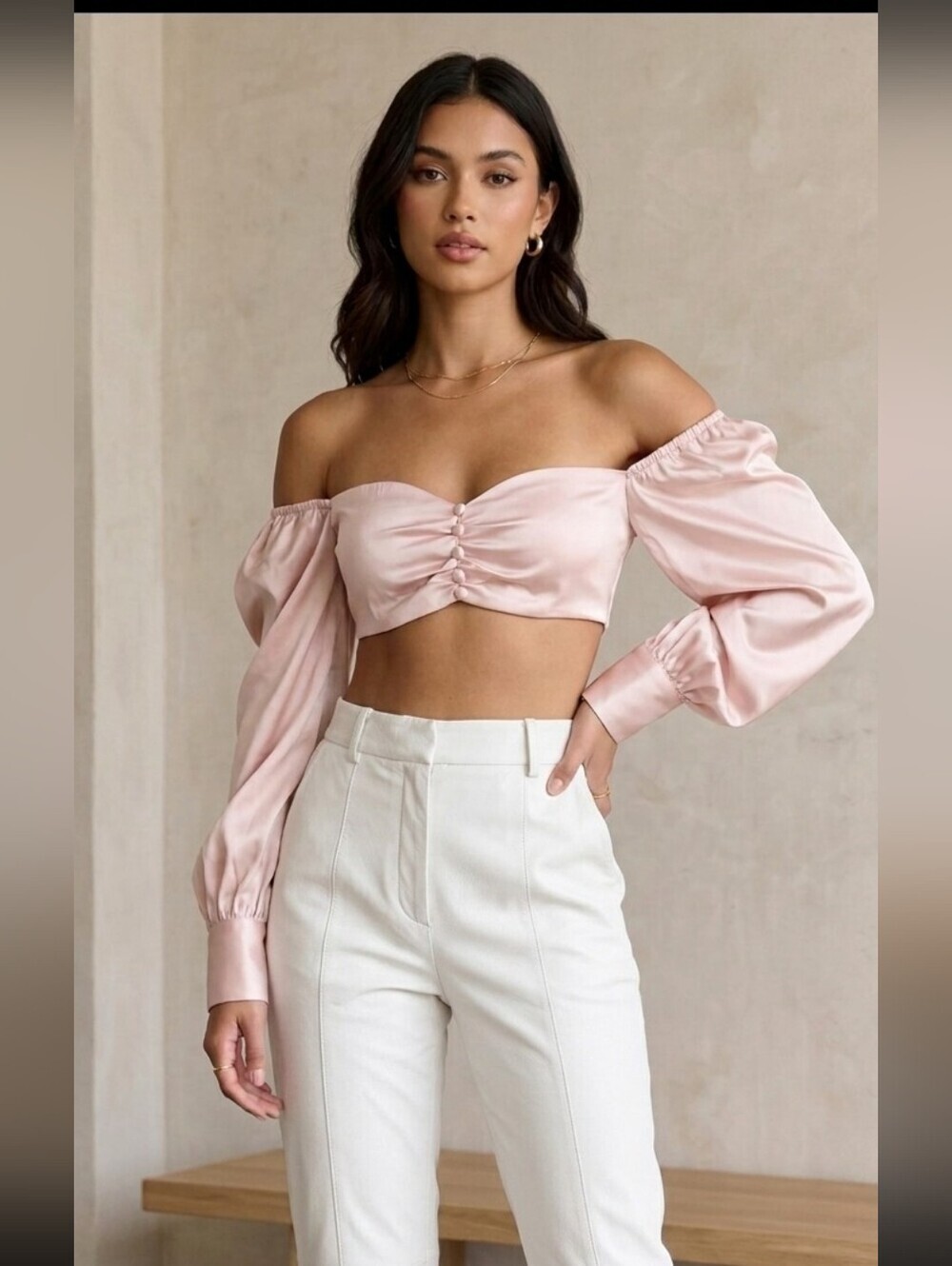 EVNL Pink Satin Crop Top Long Sleeves Shirred Back Size Large New